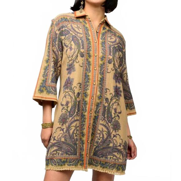 NEW IVY JANE paisley border shirtdress in camel